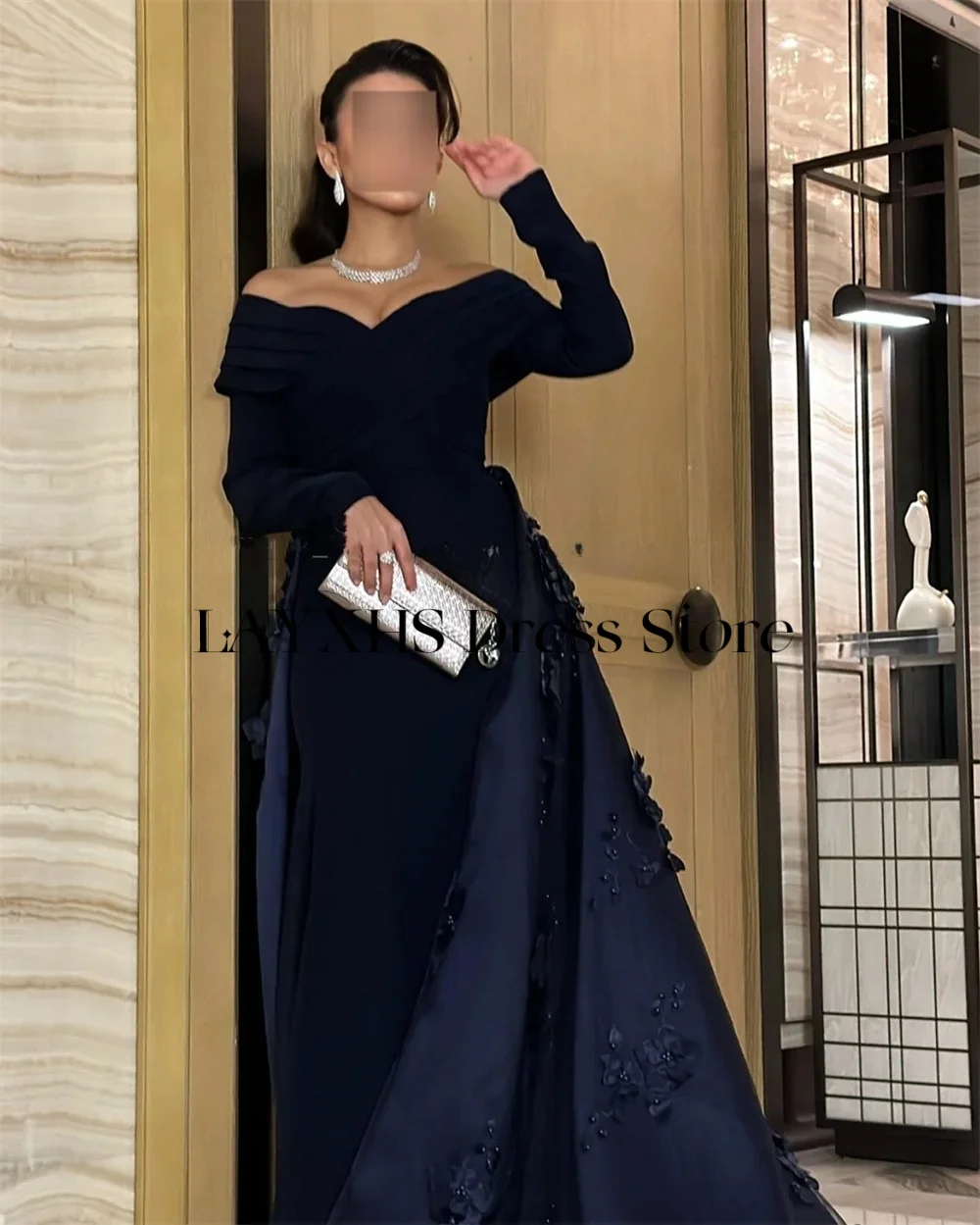 LAYXHS Abiti da sera con spalle scoperte di alta qualità Sirena maniche lunghe Fiori Corte dei treni Abiti da ballo personalizzati