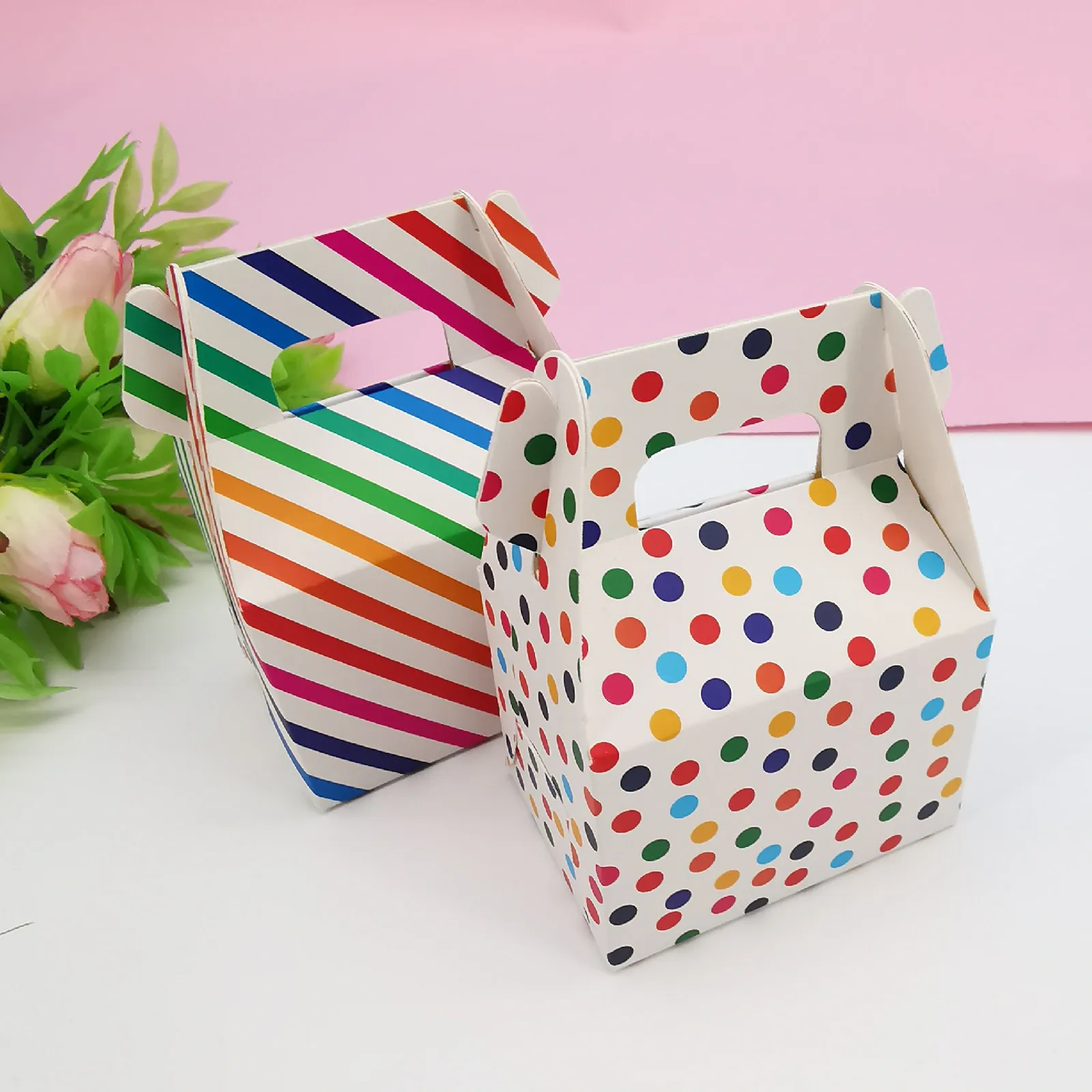 10Pcs Colored striped dots Paper Candy Box Bag Birthday Party Favors Cracker Cookie Box Bag for Packaging Treat Kids Birthday