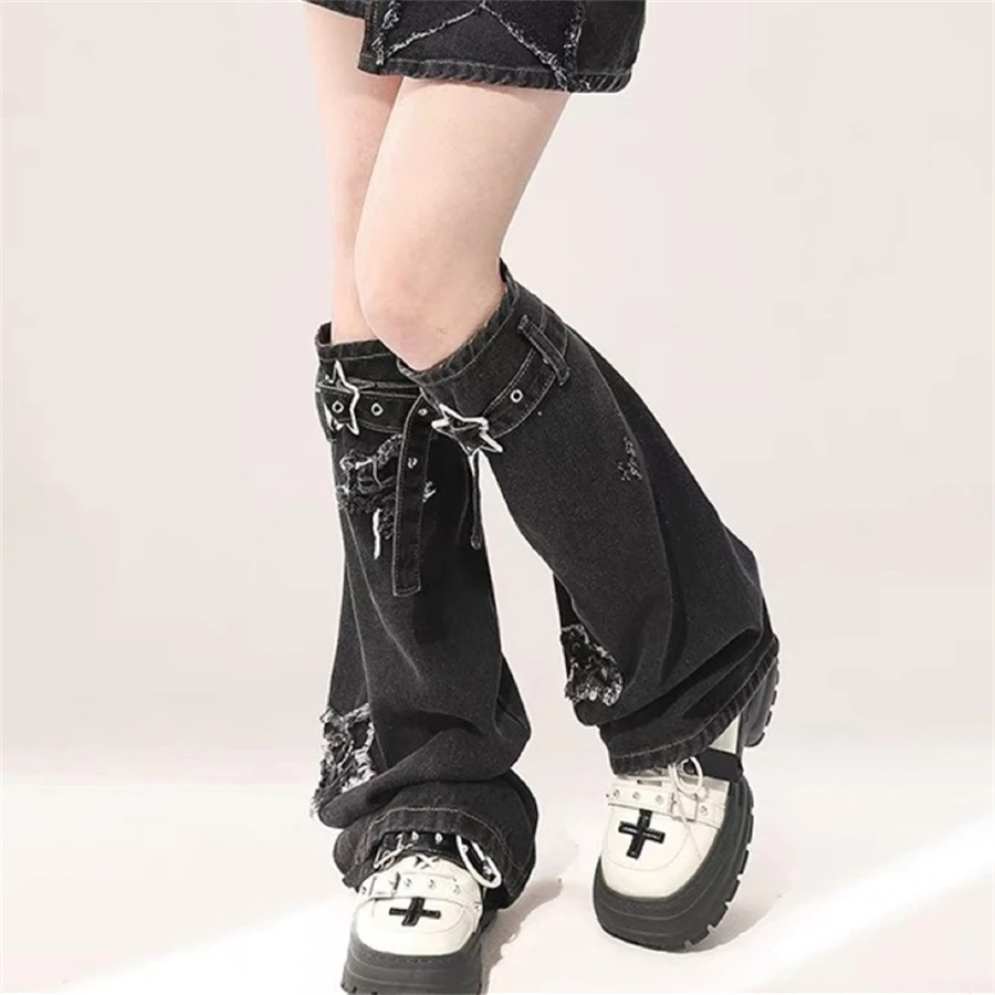 Black Star Embroidered Leg Warmers Women's Dark Black Punk Cross Harajuku Leg Covers Gothic Leg Boot Cuffs Sock