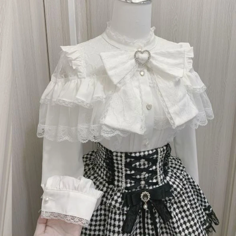 

Vintage Inspired Lolita Bow Blouse, Soft Anime Cottagecore Shirt with Lace Collar Long Short Sleeve Top for Women Kawaii Outfit