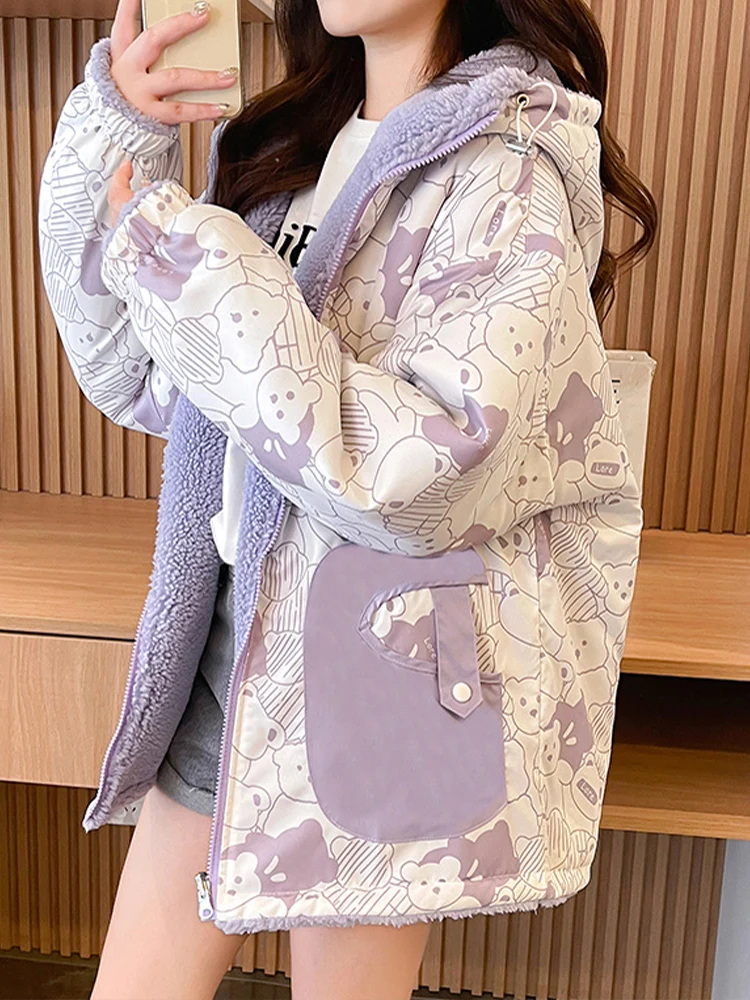 

Осенне-зимнее двустороннее пальто, простое свободное пальто с принтом плюшевого мишки, фиолетовое, милое, модное, с вышивкой букв, на молнии, с капюшоном, верхняя одежда