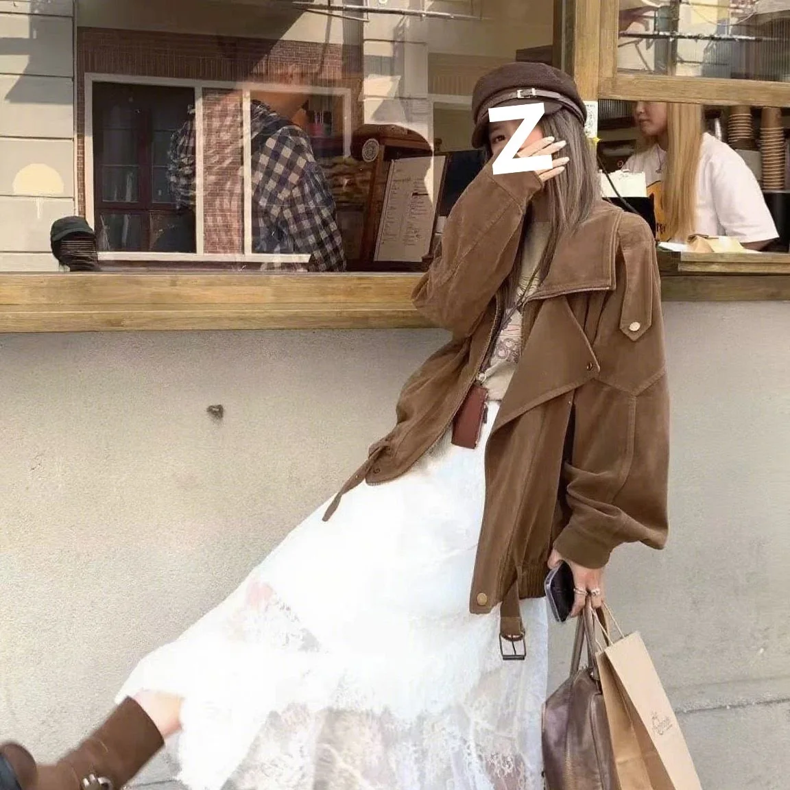 Autumn and winter new Maillard locomotive jacket jacket women's small retro locomotive imitation suede top coffee color