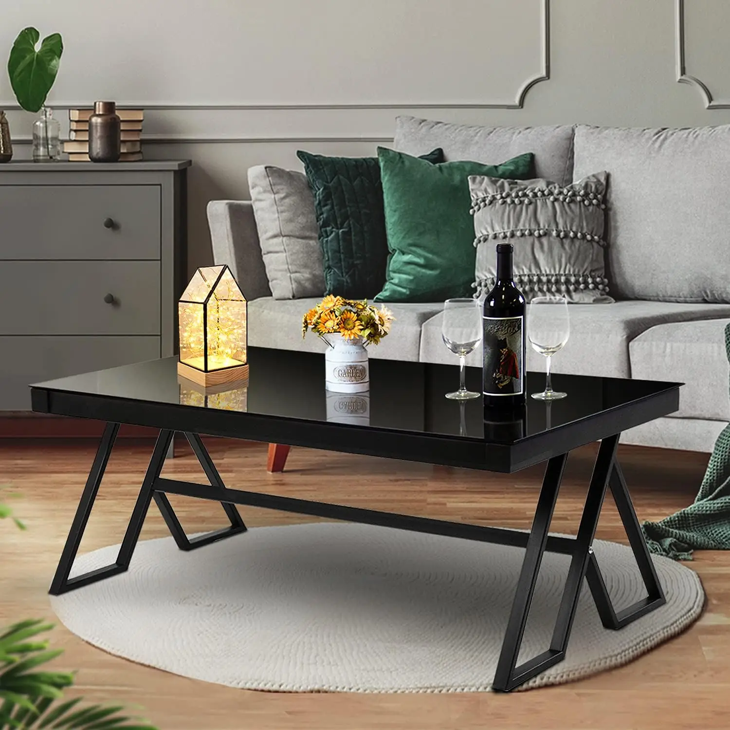 Jerry & Maggie Tempered Glass Tea Table Coffee Table Cocktail Desk Table - Modern Steel Triangular Legs Living Room Desk Decor
