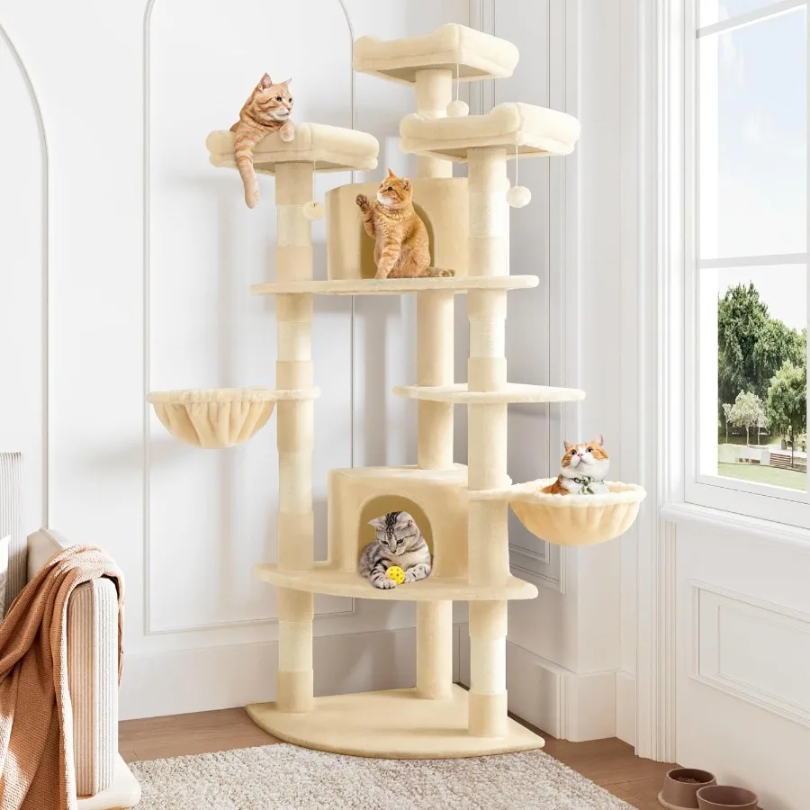 

73in Fan-Shaped Space-Saving Corner Cat Tower with Beige Multi-Level Design for Indoor Kitties Featuring Cozy Baskets Condos Pe