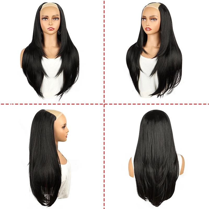 Extensión de cabello sintética larga y recta con capas, en forma de V, negra y rubia, invisible, para mujer, 22 pulgadas 3