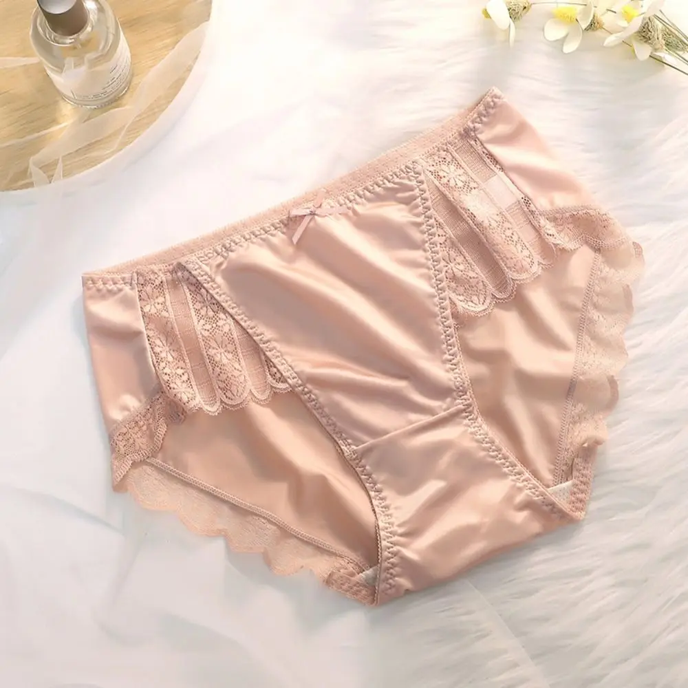 

2Pcs Fashion Underwear Lace Briefs Women Bow Ultra-thin Stain Silk Panties Underpants Mid Waist Mesh Seamless Briefs Lady