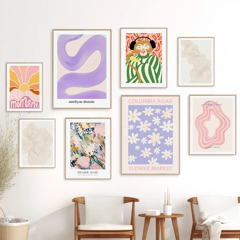 Van Gogh Exhibition Style Colorful Boho Abstract Lines Girl Canvas Painting Art Poster Print for Living Room Home Decor