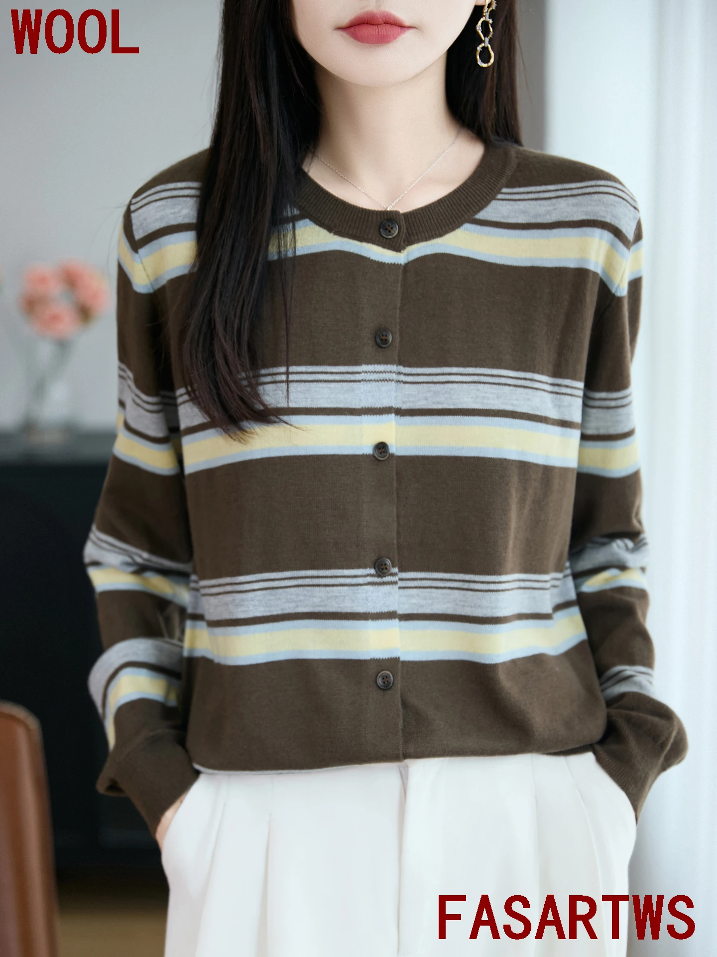 

Камвольный шерстяной кардиган, полосатый свитер, пуловер с круглым вырезом и длинными рукавами, повседневная мягкая куртка, женская осенне-зимняя высококачественная модная вязка