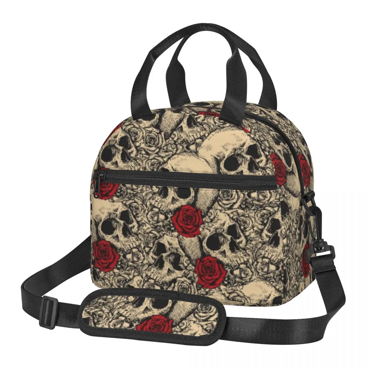 

Gothic Skull Pattern Lunch Bag With Should Strap Handle Cooler Bag Women Student Portable Food Bag Work Thermal Lunch Box Bag