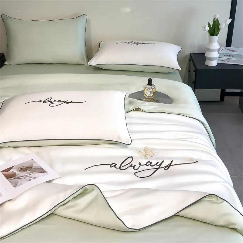 Comforter Sets Summer Silk-Feel Cooling Quilt 4PC Lightweight Breathable Machine Washable Luxury with Embroidery Contrast Piping