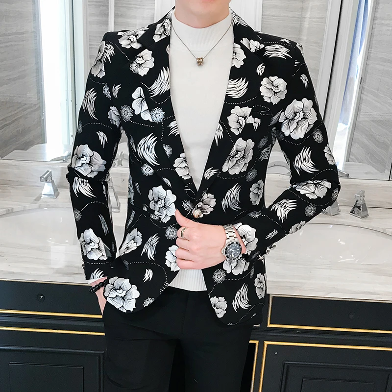 Men Golden Flower Print Blazers 2023 Autumn Formal Dress Tuxedo Casual Slim Fit Suit Jacket / High Quality Fashion Men Clothing