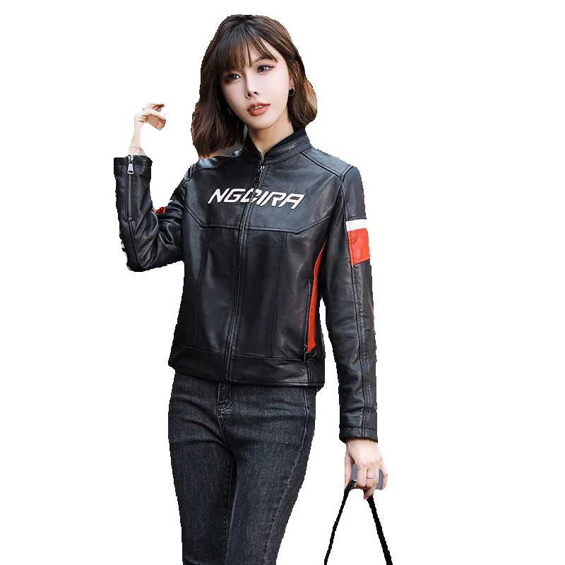 Jaqueta de couro slim fit para mulheres, jaqueta de pele de carneiro genuína, jaqueta curta para motociclistas, nova