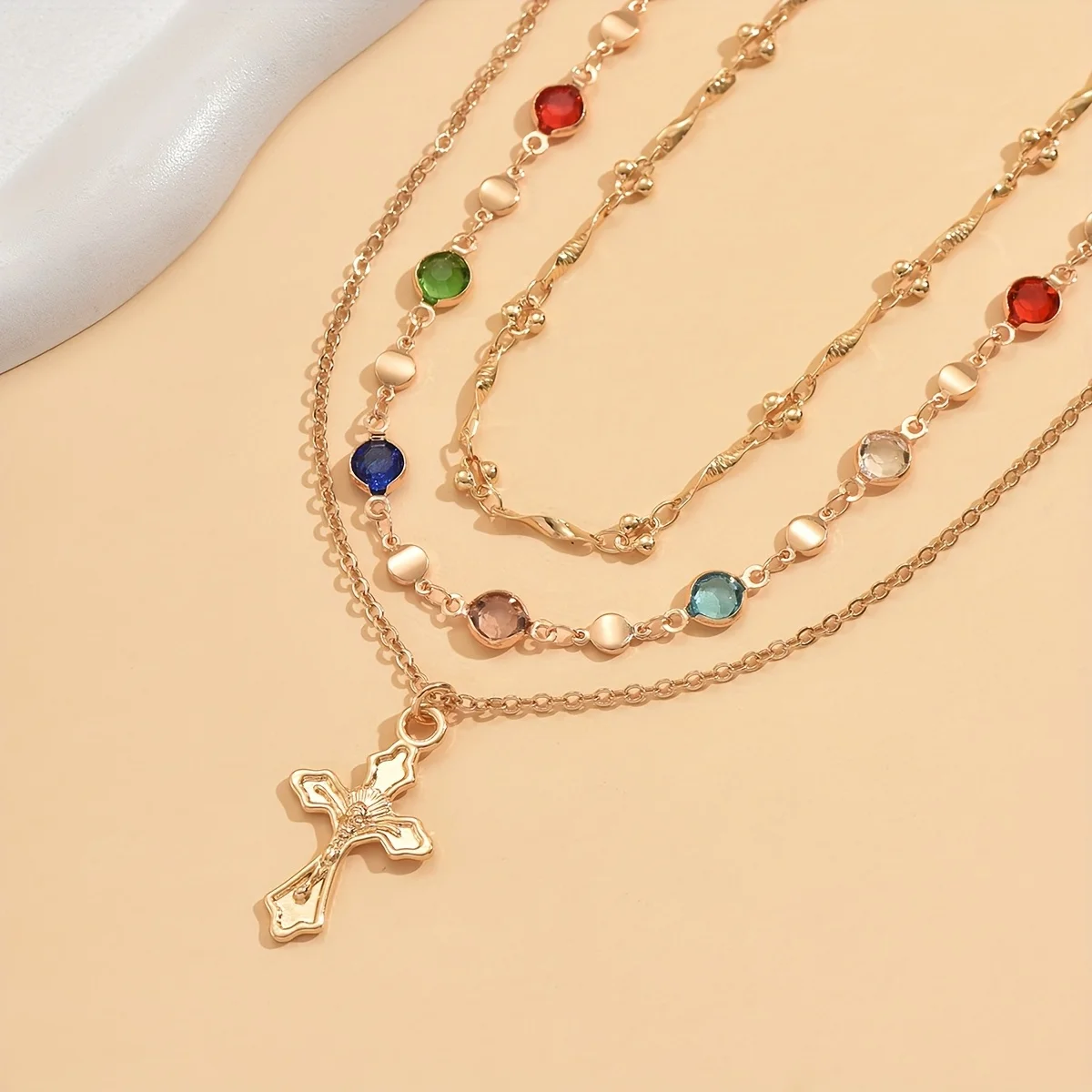 Conjunto de 3 Colares Elegantes de Estilo Europeu e Americano com Strass Coloridos Feitos à Mão |   Zinco Banhado a Ouro KC da Moda