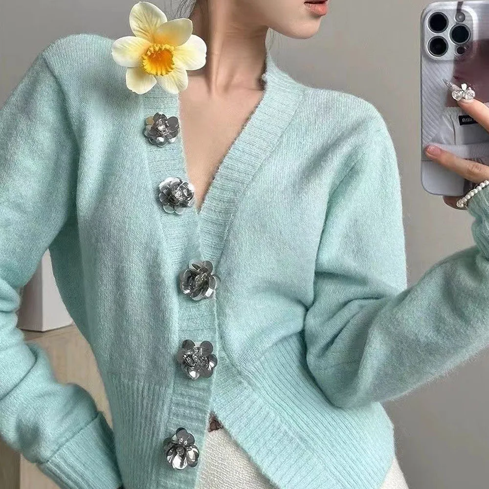 Lazy Style Sweaters For Women Fashion Mint Green Sexy V Neck Cardigan Autumn Sequin Flowers Decoration Button Knitted Top Ladies