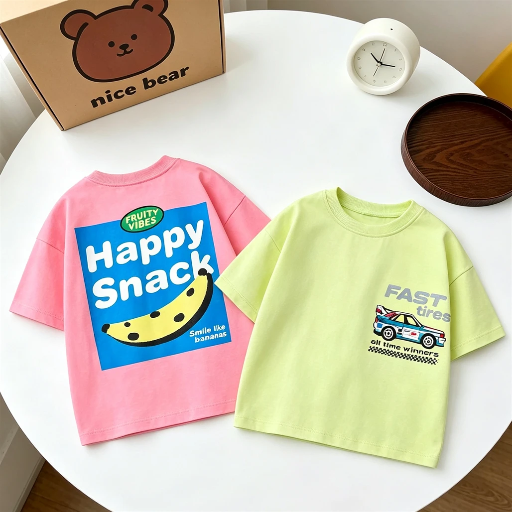 Short Sleeve Tops Boys And Girls Cartoon Fashion Clothing Round Neck Base Shirt Pure Cotton Clothes Baby Round Neck Pullovers