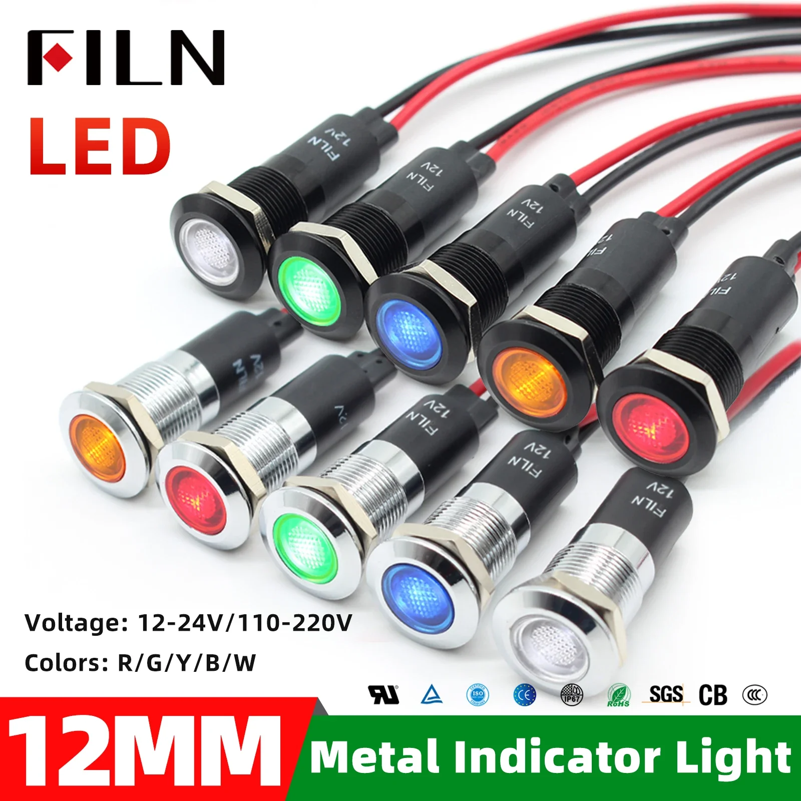 

FILN 12mm 12v 24v 110v 220v Metal LED Pilot Panel Dash Signal Indicator Warning Light 20cm Cable Chrome Finish Car Boat Marine