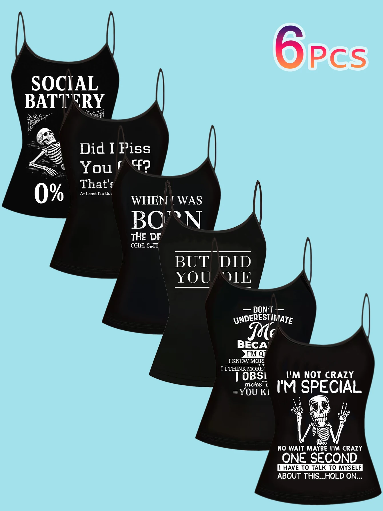 6-piece set of edgy and dark-themed camisoles｜Social anxiety copywriting + skull print｜Dark and fun holiday home wear