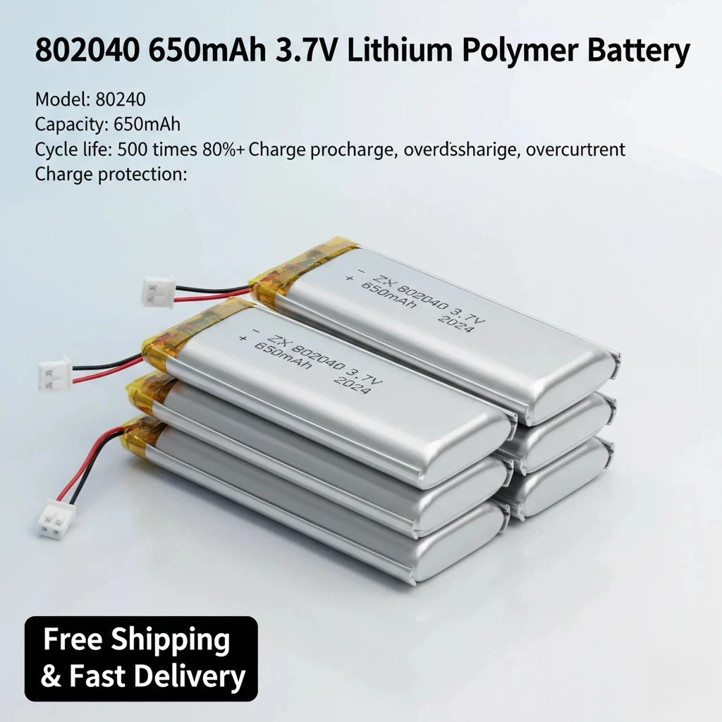 

802040 3.7V 650mAh Lipo Battery Rechargeable Lithium Polymer Cells for Smart Bracelet Audio Speaker Handheld Fan Power Battery