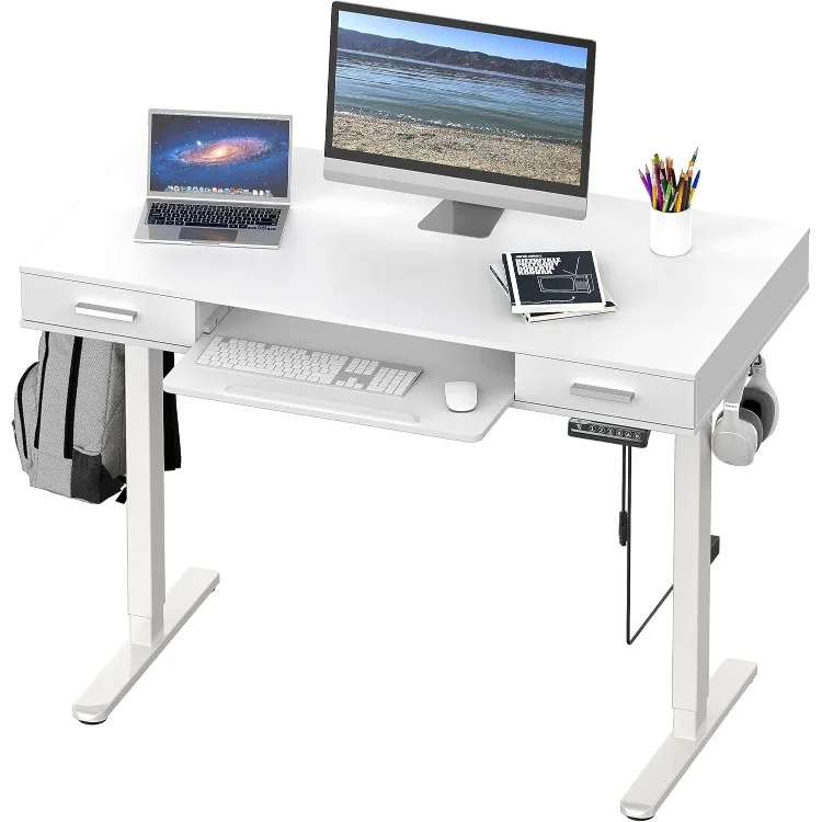 48-Inch Electric Height Adjustable Desk with Keyboard Tray and Two Drawers