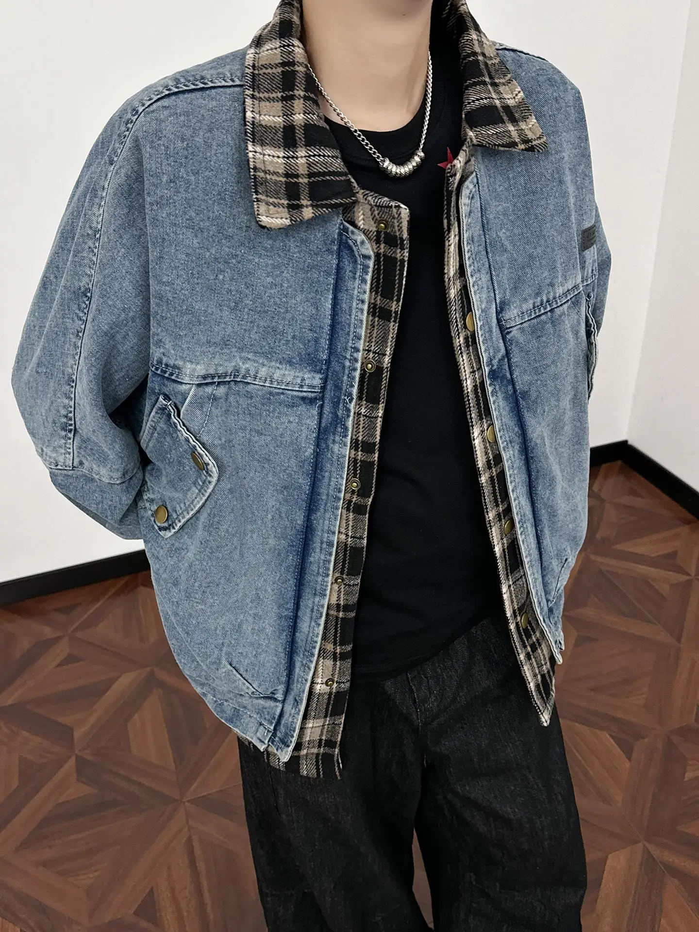 

Plaid Patchwork Waed Denim Jaet Men's Autumn Vintage Workwear Collar Jaet Loose Fit Casual Sle Long Sve Button Clo...