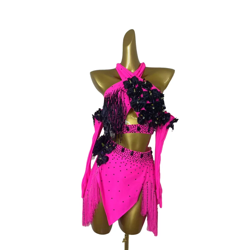 Sukienka do tańca latynoamerykańskiego AB Stone, damska, dla dorosłych i dzieci, ekskluzywna, szyta na miarę, w kolorze różowej czerwieni, z krzyżowym wzorem kwiatowym, czarna, do tańca pool, samba, na występy.