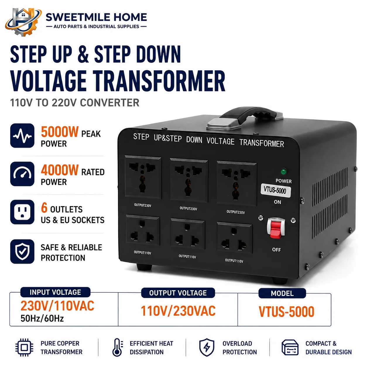 110V to 220V Step Up Down Voltage Transformer Converter 5000