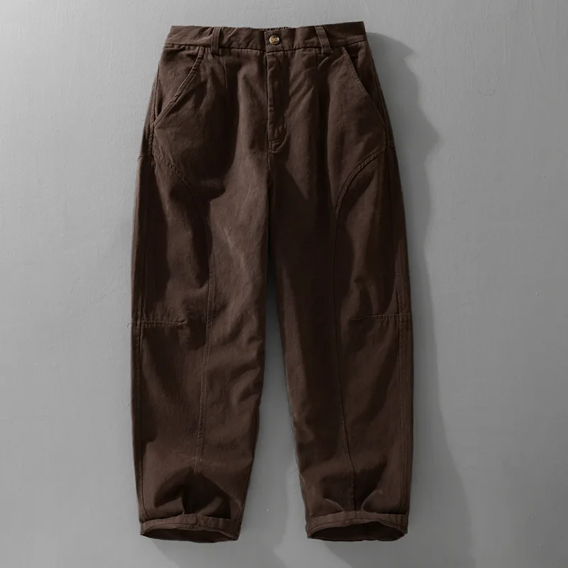 

100% Cotton Washed Men's Casual Pants Autumn American Vintage Style Workwear Trousers for Youth (Minimalist Design)