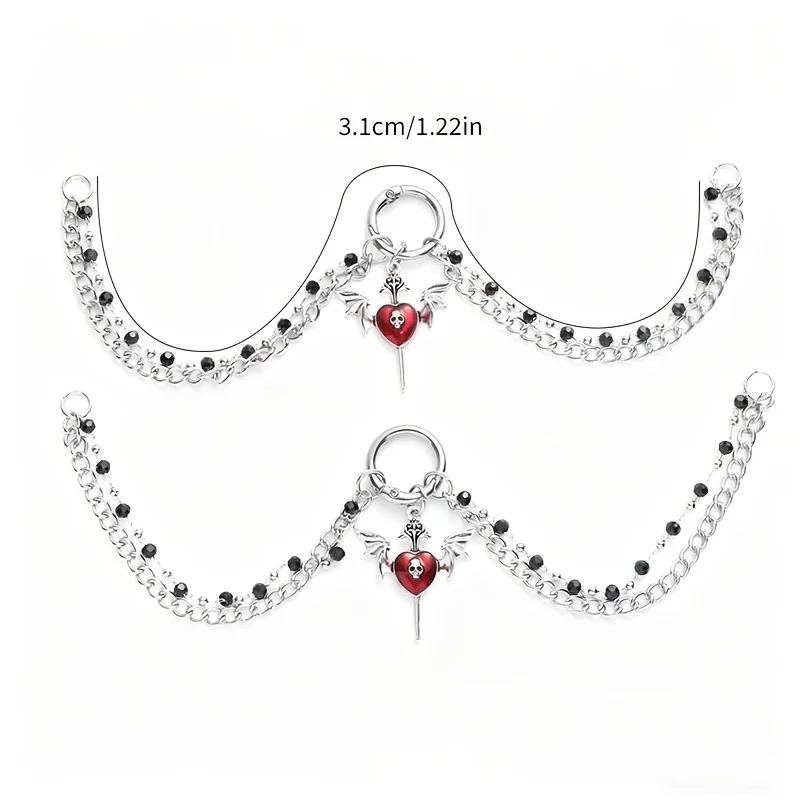 2Pcs Y2K Gothic Winged Red Heart Skull Black Bead Multi-layer Shoe Chains, For Daily Wear & Halloween Party