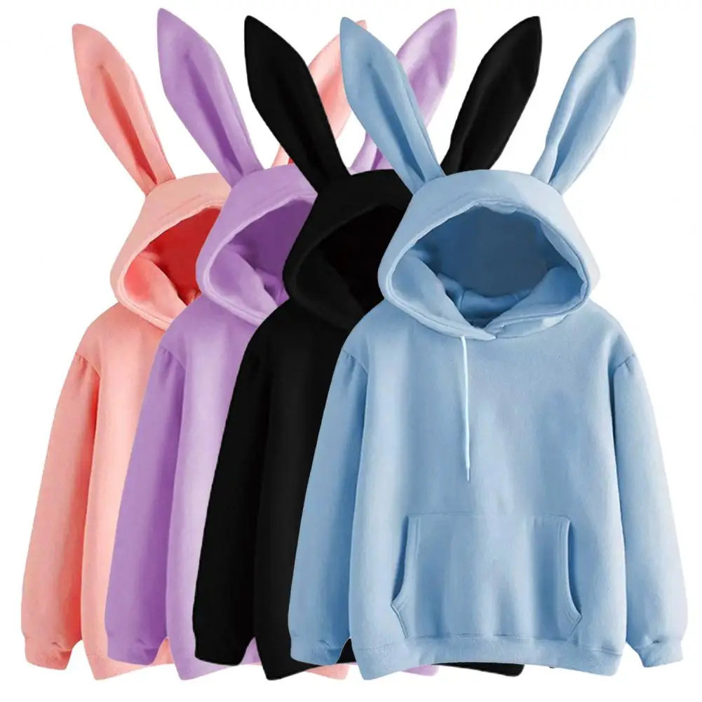 Sporty Women Pullover Long Rabbit Ears Soft Streetwear Pure Color Warm Sweatshirt