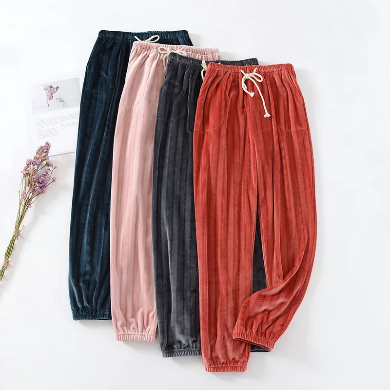 Japanese style autumn and winter couple sleep pants home pants flannel men and women thick warm large size coral velvet trousers