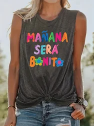 Women's Summer MANANA letter Print Large Casual Round Neck Sleeveless Loose Tank  Streetwear Oversized O-Neck VestTop T-shirt