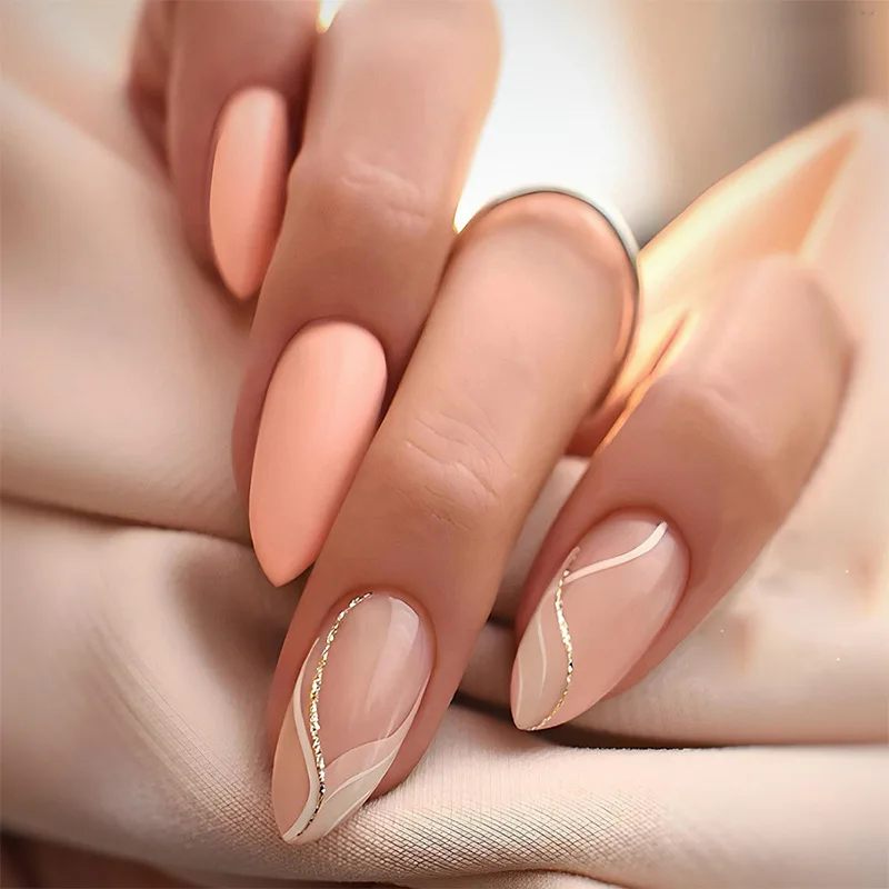 

24pcs False Nails Two-tone Almond-shaped Striped Powder Finish Purely Sensual Style Press-on Nails Ideal As A Gift for Ladies