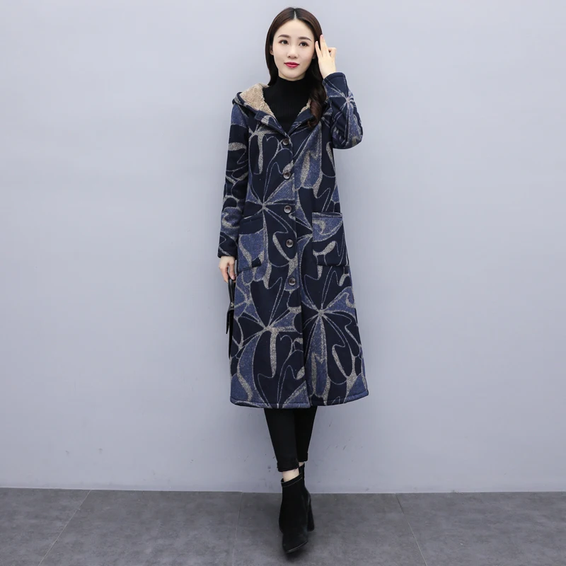 

Элитное омолаживающее пальто нового осенне-зимнего стиля с флисовой подкладкой, утолщенное, длинное, винтажное, свободного кроя, с принтом, из шерсти