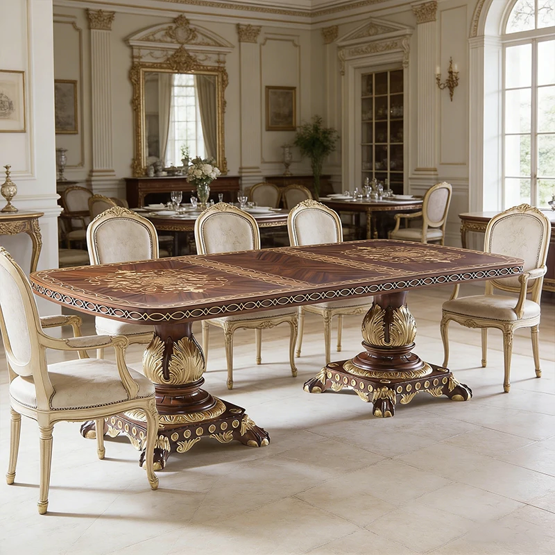 !@Superior Service French Style Handmade Solid Wood Carved 8 Seater Dining Table for Home Villa Large Dinner Use