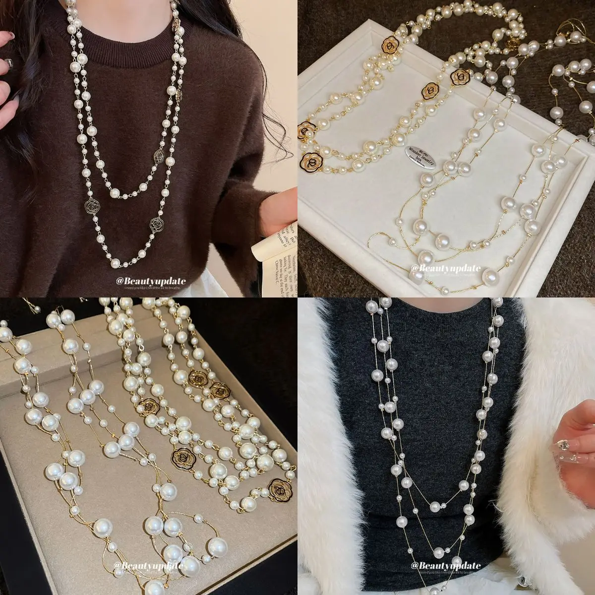 Elegant Multi Layer Pearl Strand Necklace Fashion Camellia Flower C Letter Pendant Long Neck Chain Wedding Party Jewelry Gift