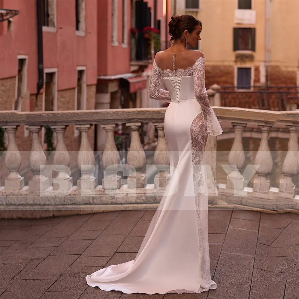 BIGDAY فستان زفاف مثير بأكمام طويلة من الدانتيل حورية البحر 2025 الوهم الخلفي رقبة دائرية برباط فستان زفاف Vestido De Noiva مخصص