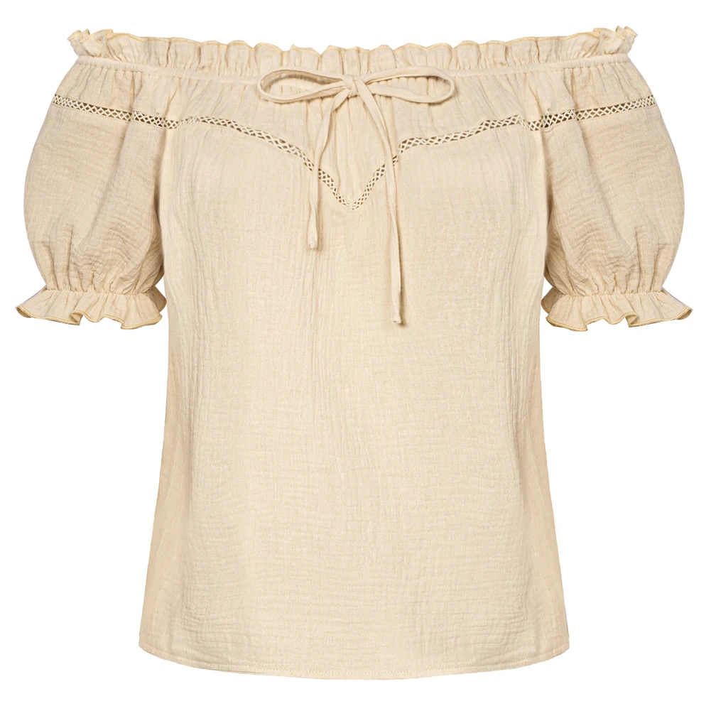 

For SD Women Renaissance Cotton Tops Short-sleeved Puff Sleeves Sleeve Crew Neck Off One-shoulder Tops Cuffs And Neckline Ruffle