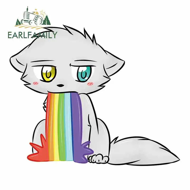 EARLFAMILY 13cm x 10.8cm For Cat Throwing Up Rainbows Car Door Stickers DIY Graffiti Decal Car Accessories Personality Graphics
