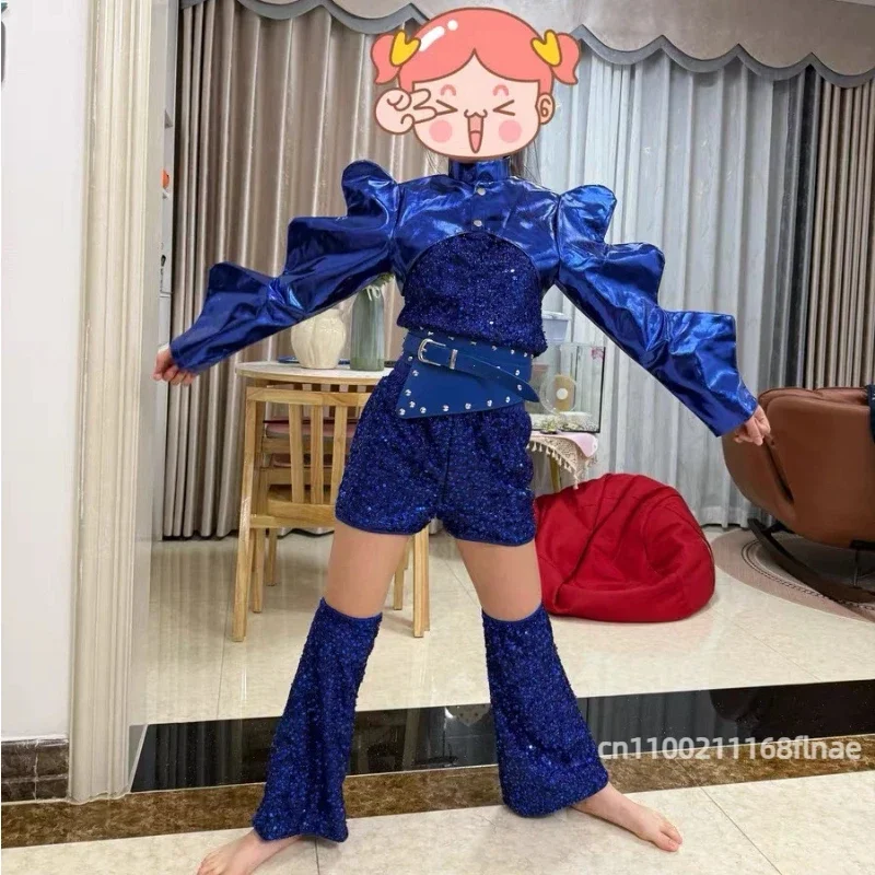 Kostium do jazzu dla dzieci z cekinami, strój na występ na scenie dla dziewcząt, niebieski garnitur, zestaw do hip-hopu dla dziewcząt z cekinami do tańca ulicznego