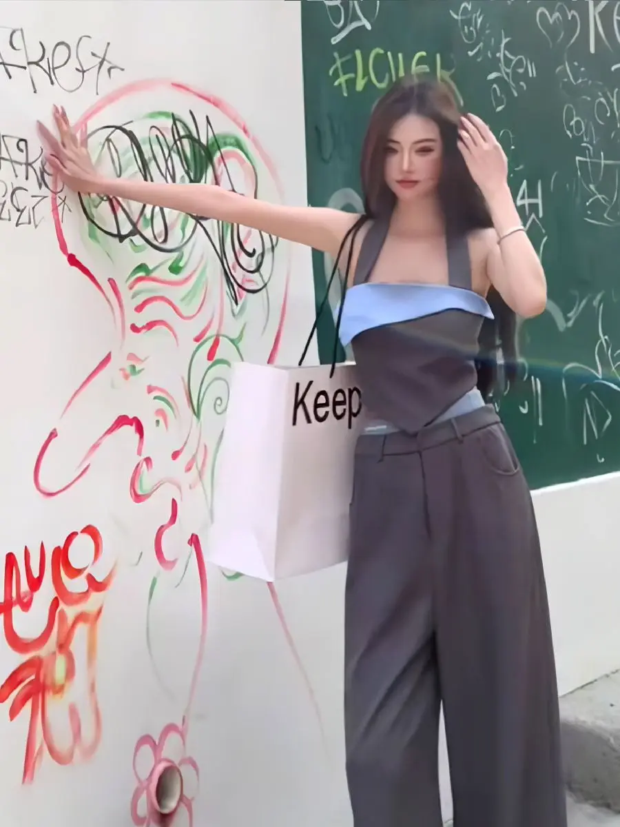 Summer New Hot Girl Fashion Suit, Irregular Color-blocking Tube Top, Loose Casual Wide-leg Pants