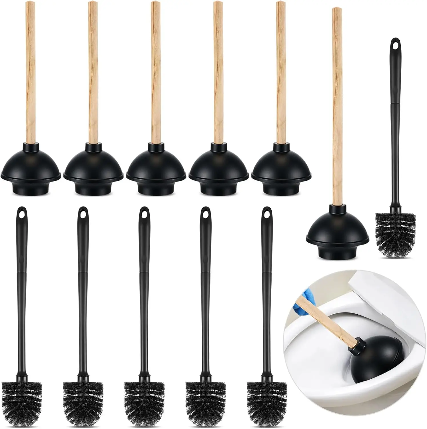 

12 Pcs Toilet Plunger and Brush Set 6 Pack 18" Rubber Plunger with Double Thrust Force Suction Cup Wood Handle and 6 Pack 16.54"