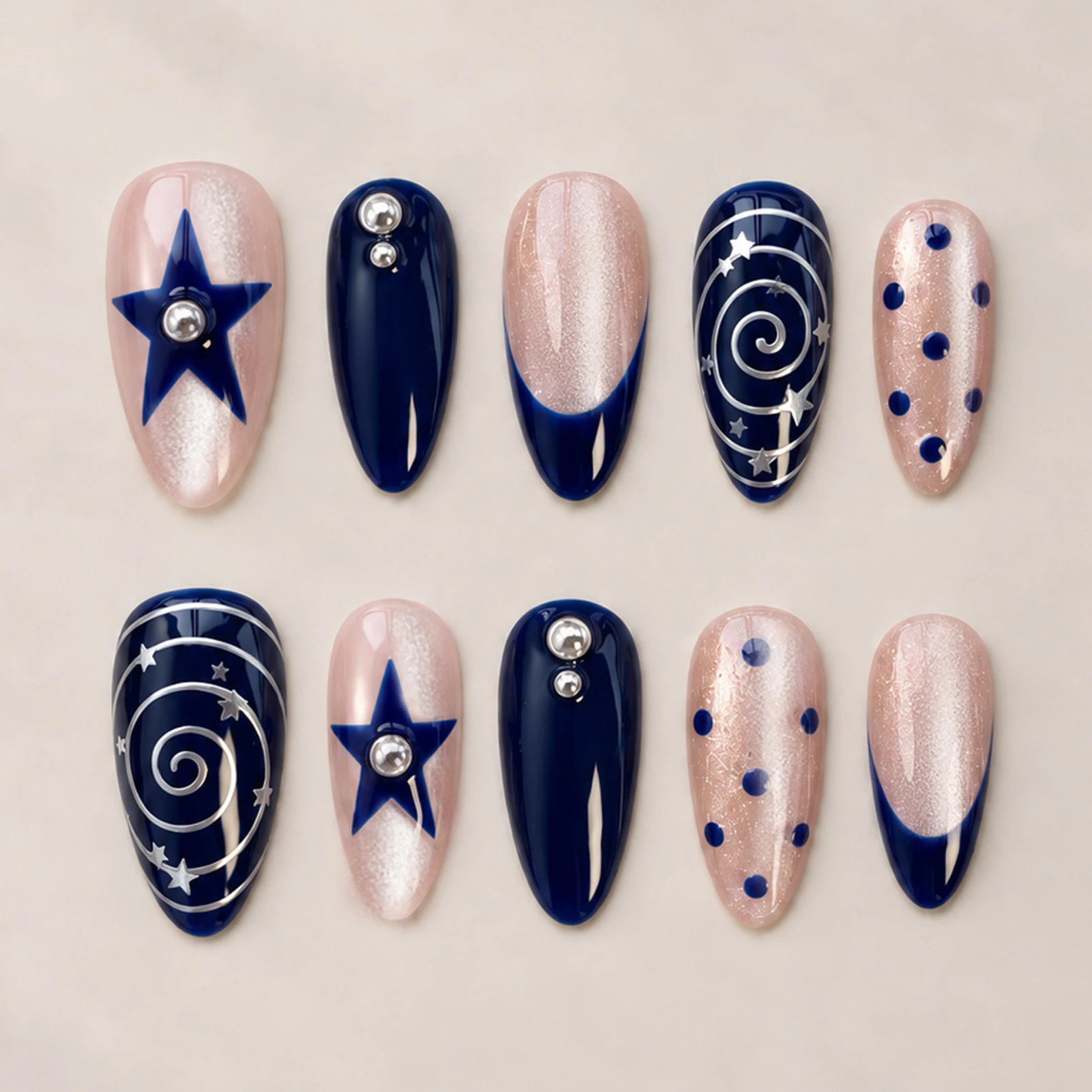 30Pcs Almond Fake Nails for Women and Girls Blue Glossy Cat's Eyes Press On Nails Five-pointed Star/Polka Dot Designs Nails Art