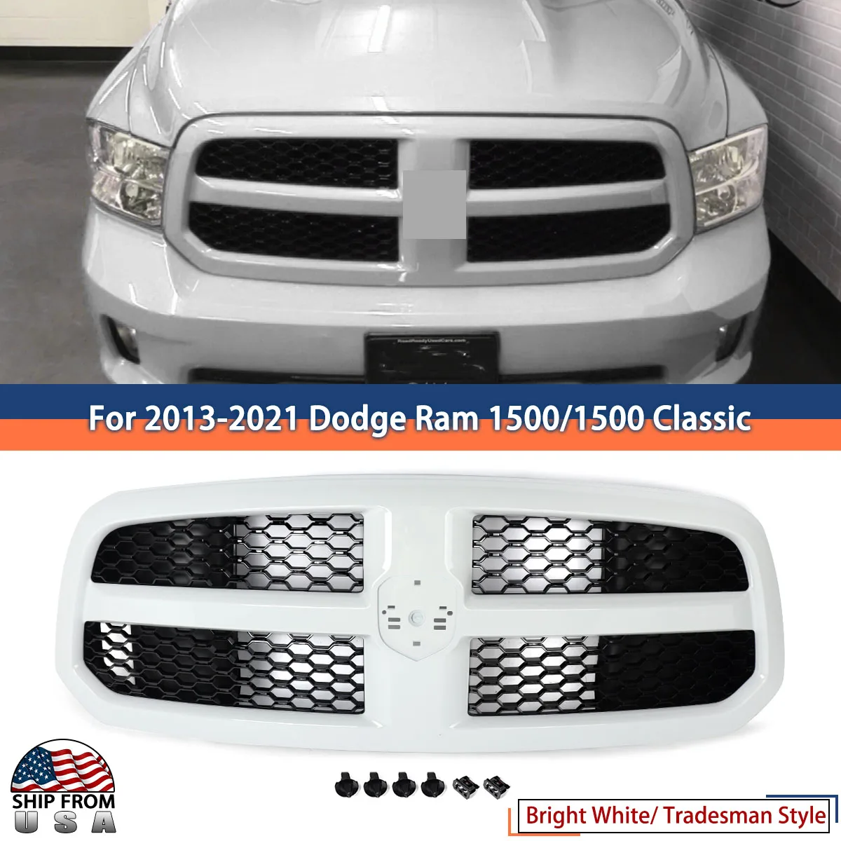 Honeycomb Front Bumper Grill For 2013-21 Dodge Ram 1500/1500 Classic Tradesman Bright White Shell Front Upper Grill Racing Grill