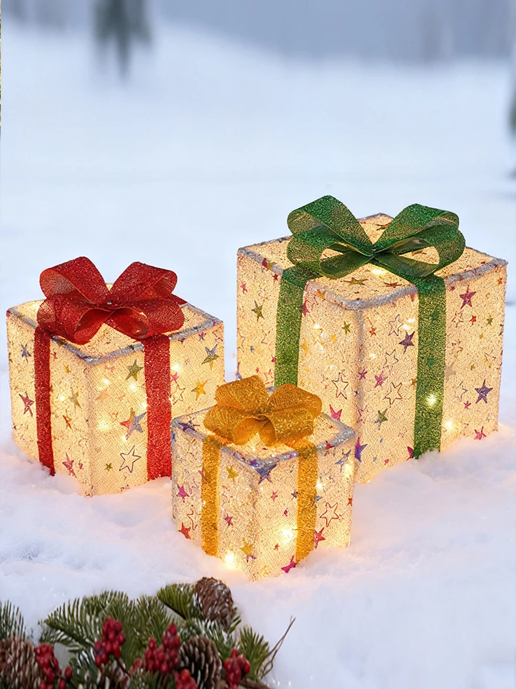 3 Buah Kotak Hadiah Natal Berlampu LED Kotak Hiasan Lampu Hangat Bertenaga Baterai Kotak Hadiah Ornamen Dekorasi Rumah Pesta Halaman