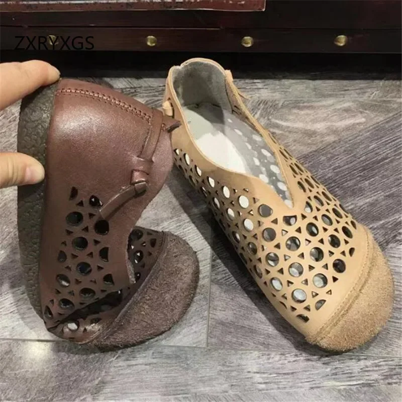 ZXRYXGS sandal wanita Flat, sepatu datar Retro sol lembut Premium penuh kulit asli berongga, Musim Panas 2024