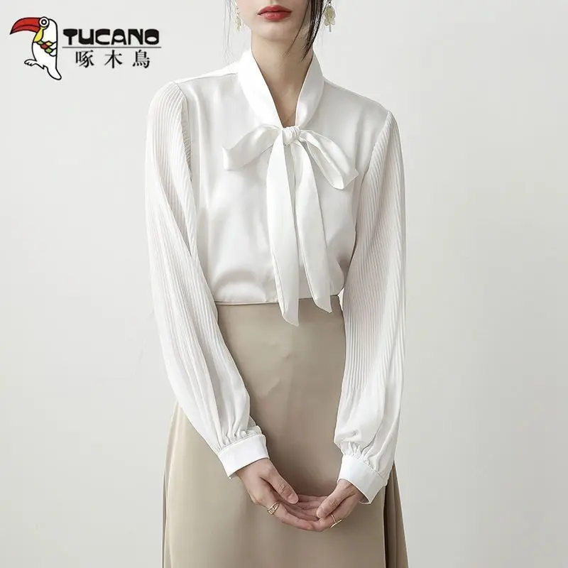 Chiffon-Hemd für Damen, langärmelig, Frühling und Herbst, neues High-End-Profi-Schleifen-Streamer-Top