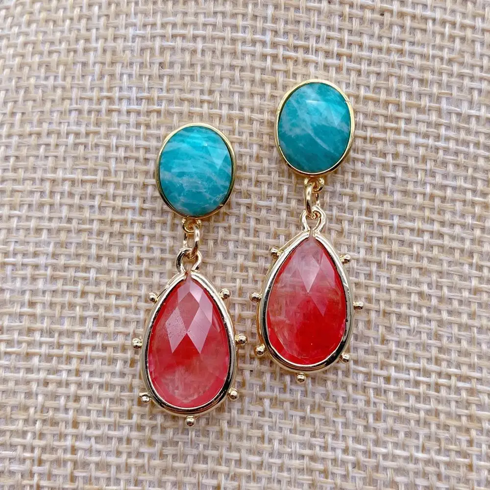 Y·YING Gold Plated Teardrop Red Quartz Green Amazonite Dangle Earrings Natural Stone Jewelery