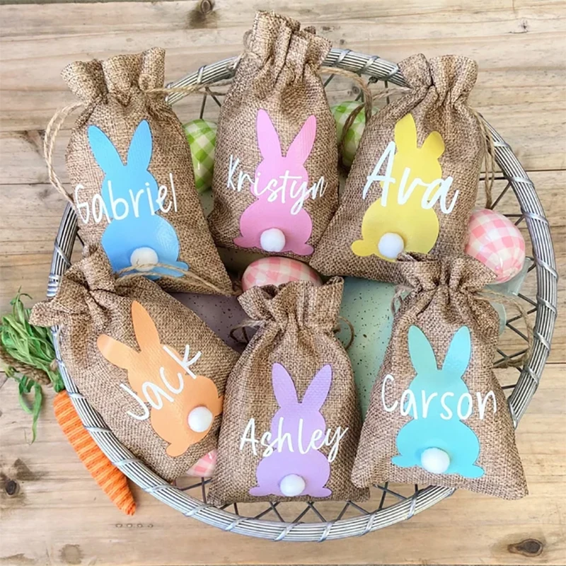 5pcs Custom Personalised Bunny rabbit kid boy girl Treat gift bag Egg Hunt basket Stuffers happy Easter Party decoration sign