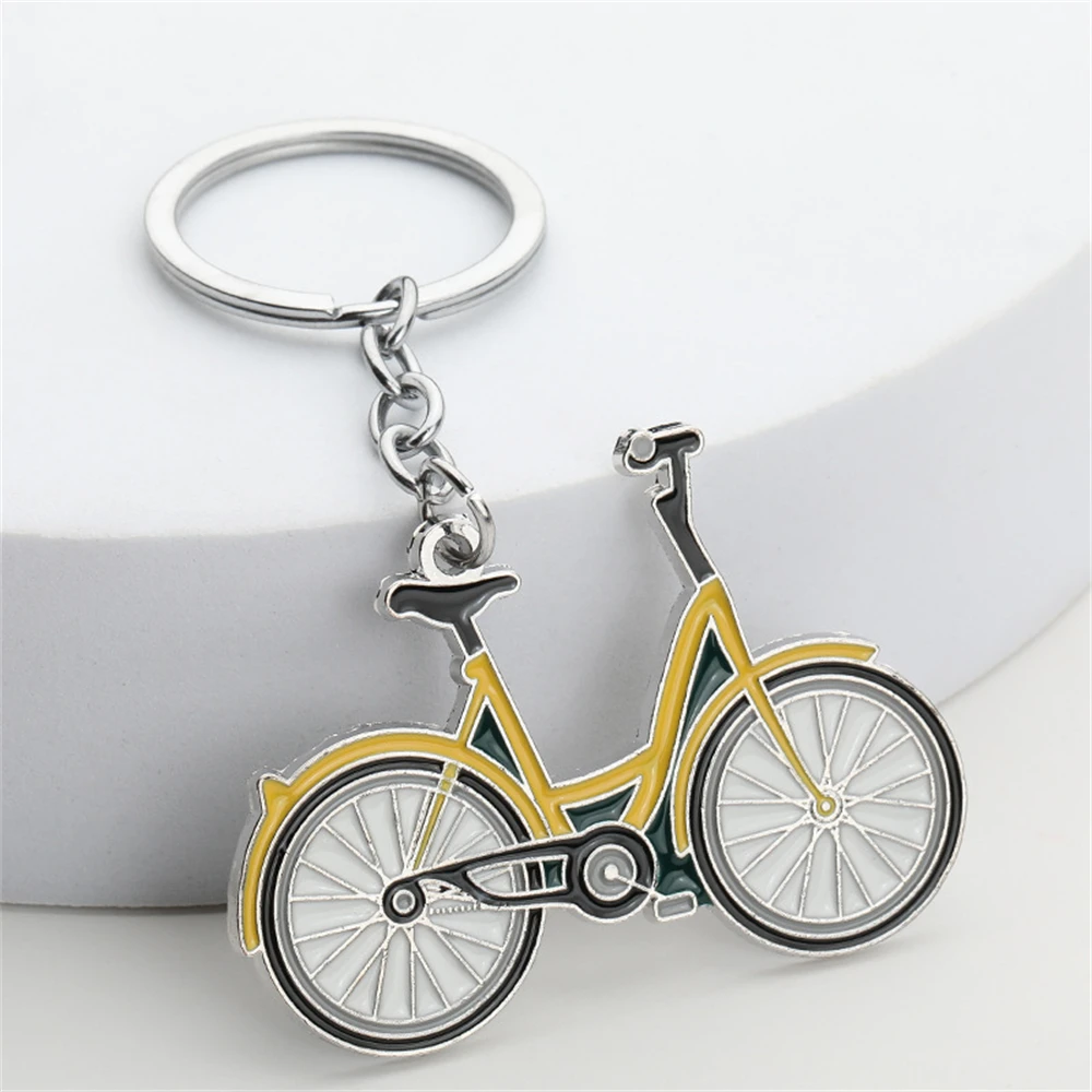 Creative Yellow Bike Key Chain Dynamic Bicycle Figure Key Ring Student School Bag Pendant Sporting Fans Gifts Men Car Key Holder