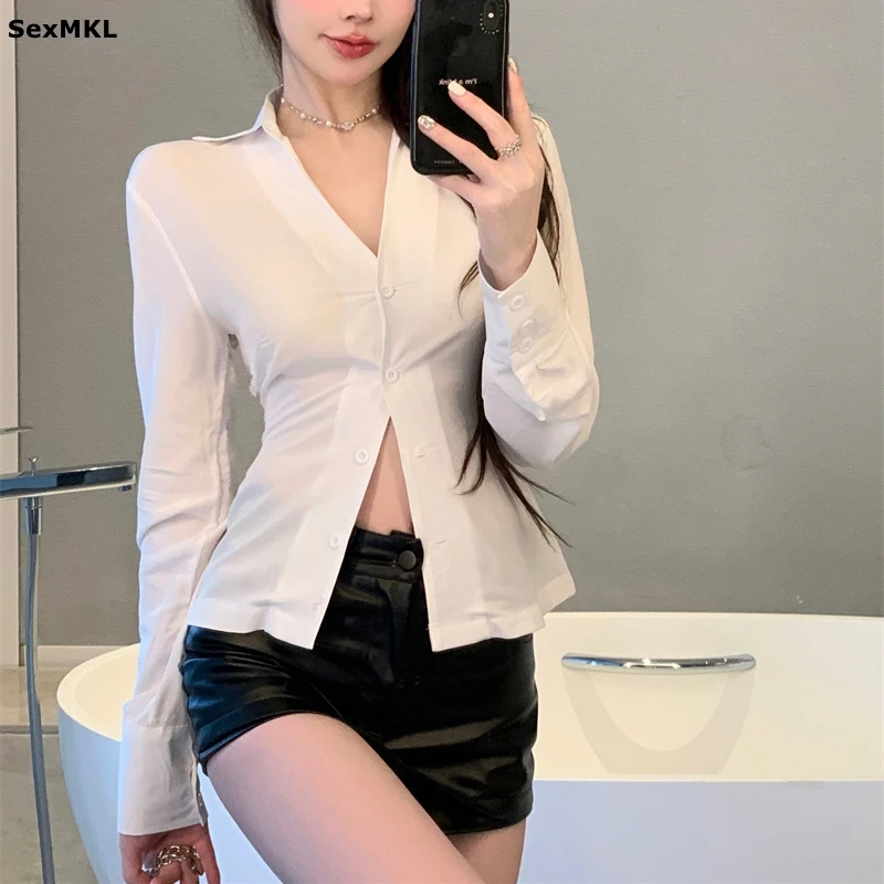 

Кружевные белые рубашки с пэчворком для женщин, уличная мода, блузка с длинным рукавом на пуговицах, без спинки, корейская мода, женские топы, одежда в стиле Y2K